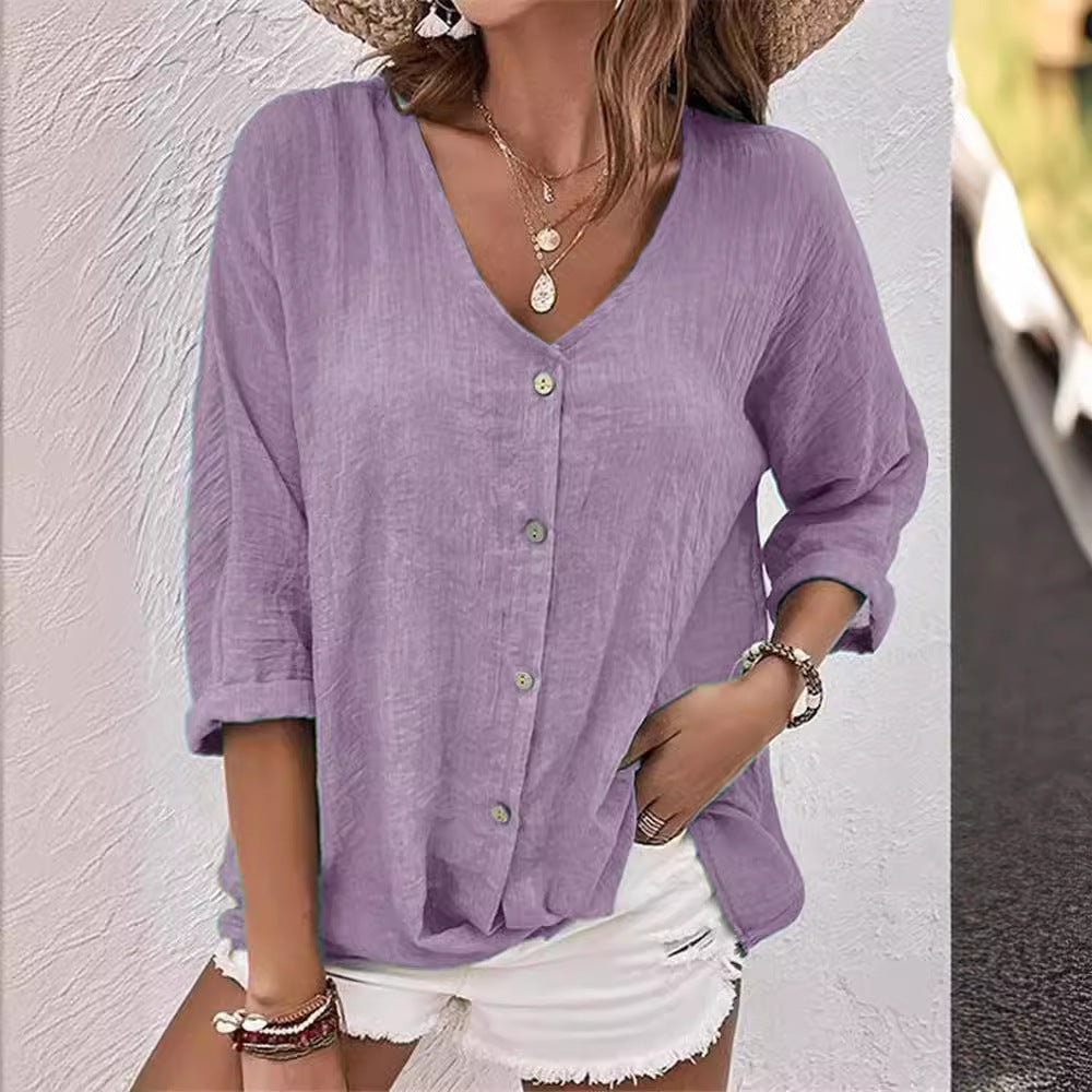 Women's casual blouse with button placket and V-neck, size