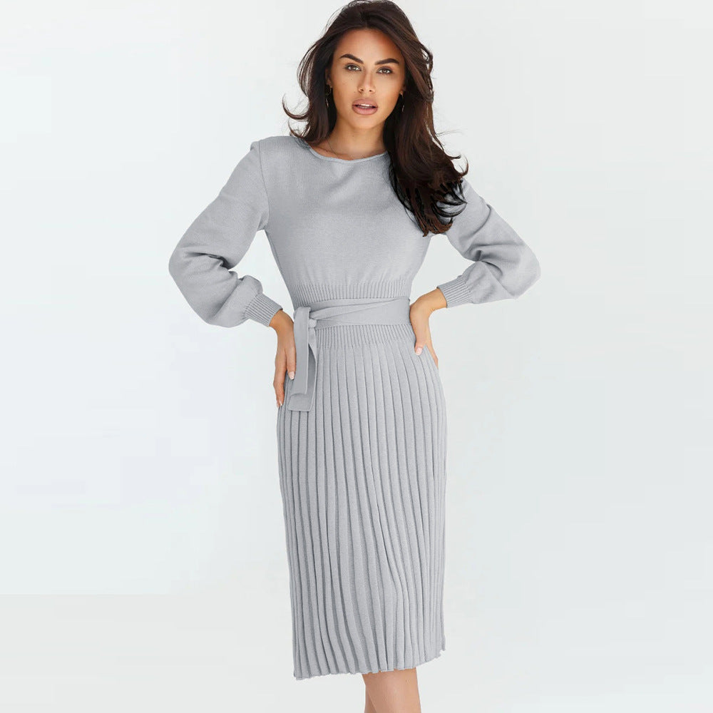 Damen Strickkleid mit taillierbarem Gürtel und langen Ärmeln GR
