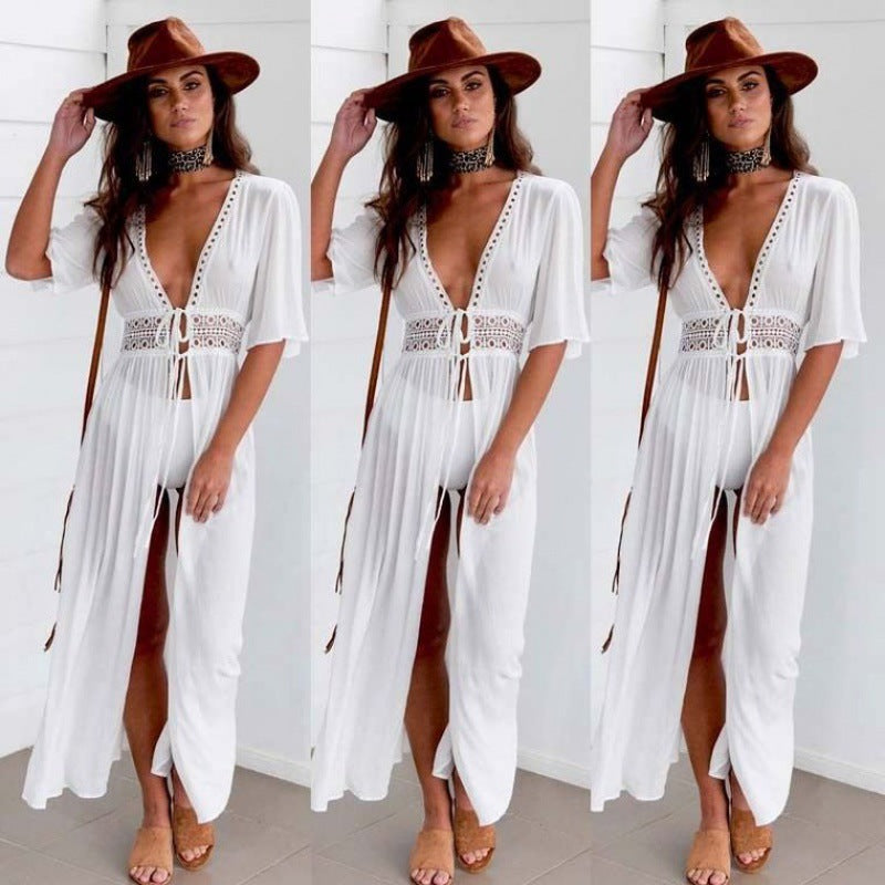 Women's beach wrap with deep V-neck and exquisite neckline details, size GR