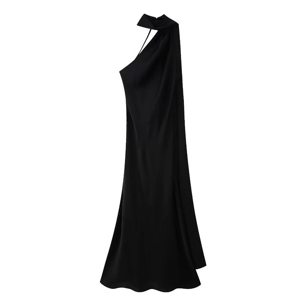 Women's evening dress with elegant stand-up collar and voluminous cape, size S