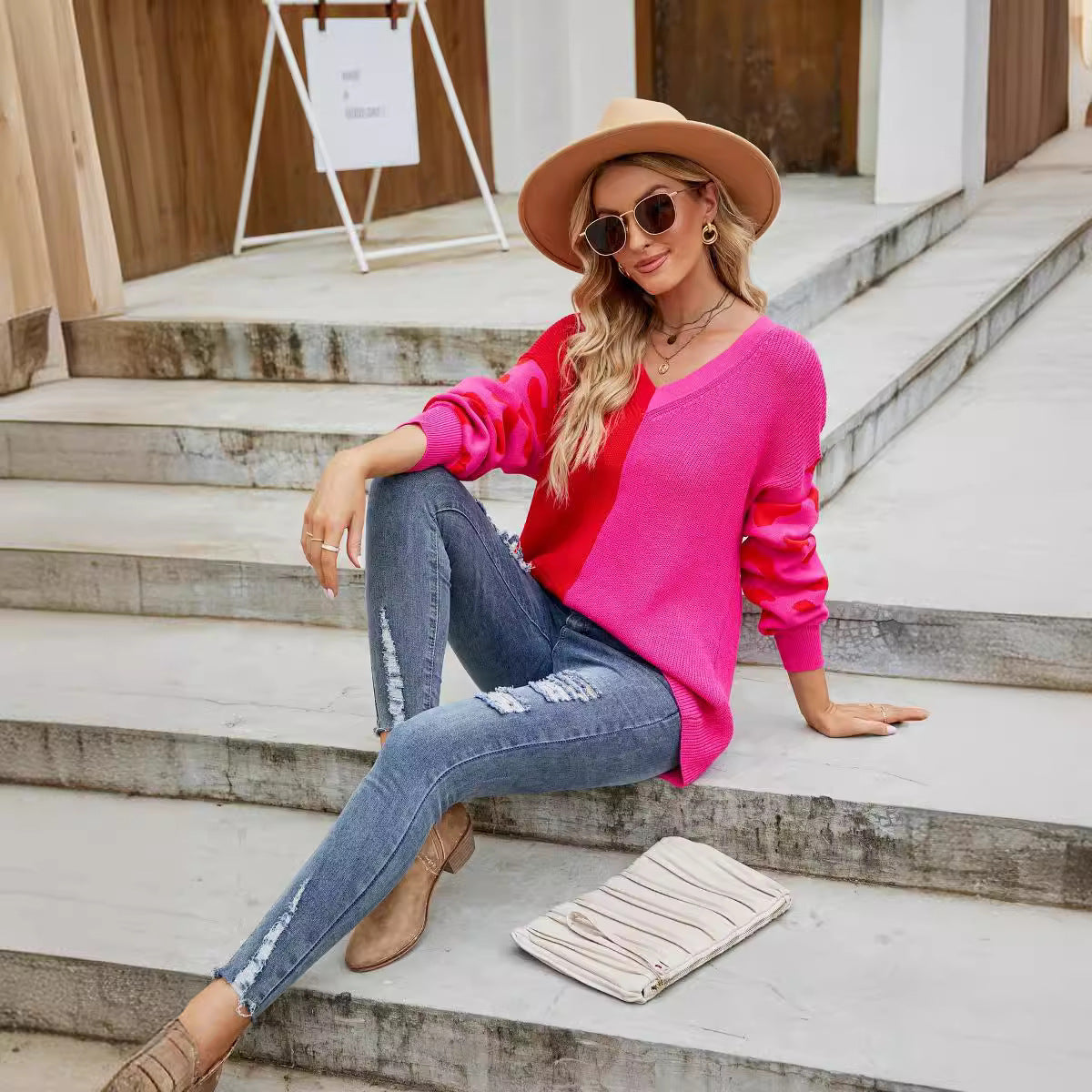 Damen farbenfroher Pullover im modischen Blockfarben-Design mit Leopardenmuster GR