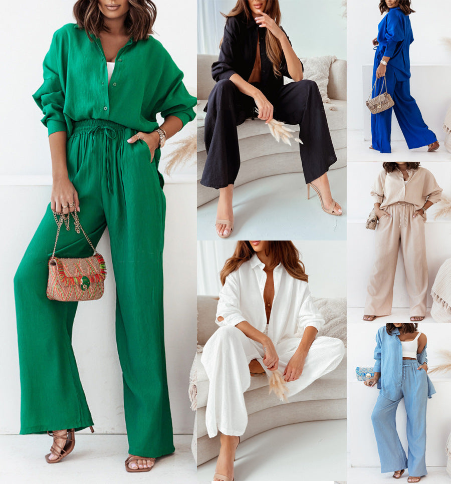 Women's elegant and airy two-piece set with wide-leg trousers and a trendy shirt, size S