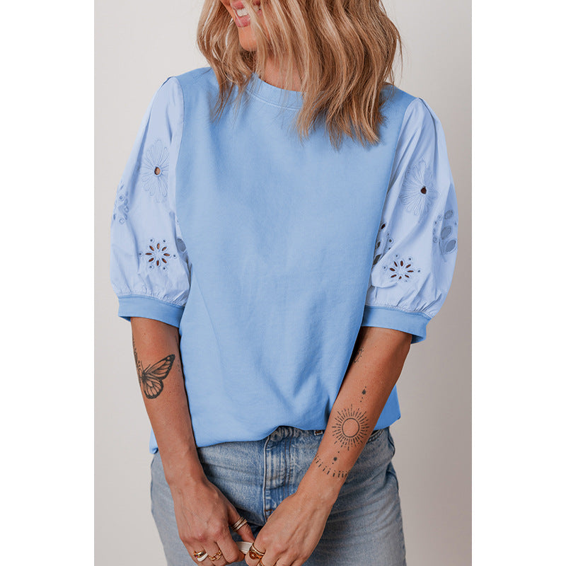 Women's T-shirt with puff sleeve designs and embroidered accents, size GR