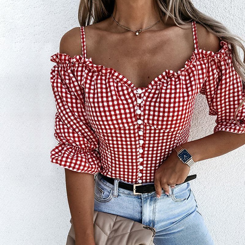 Damen Off-Shoulder Bluse mit Rüschendetails und Karomuster GR