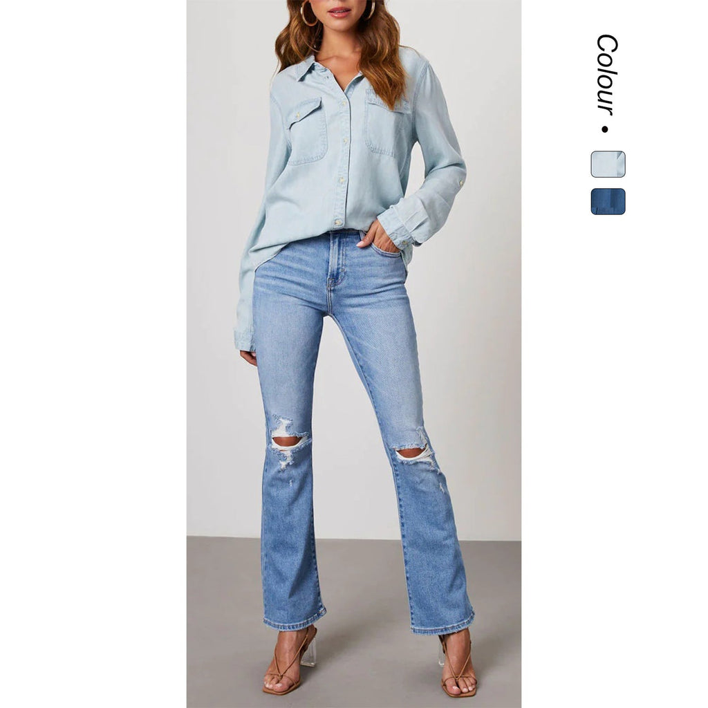 Women's denim shirt with turn-up sleeves and two chest pockets, size S