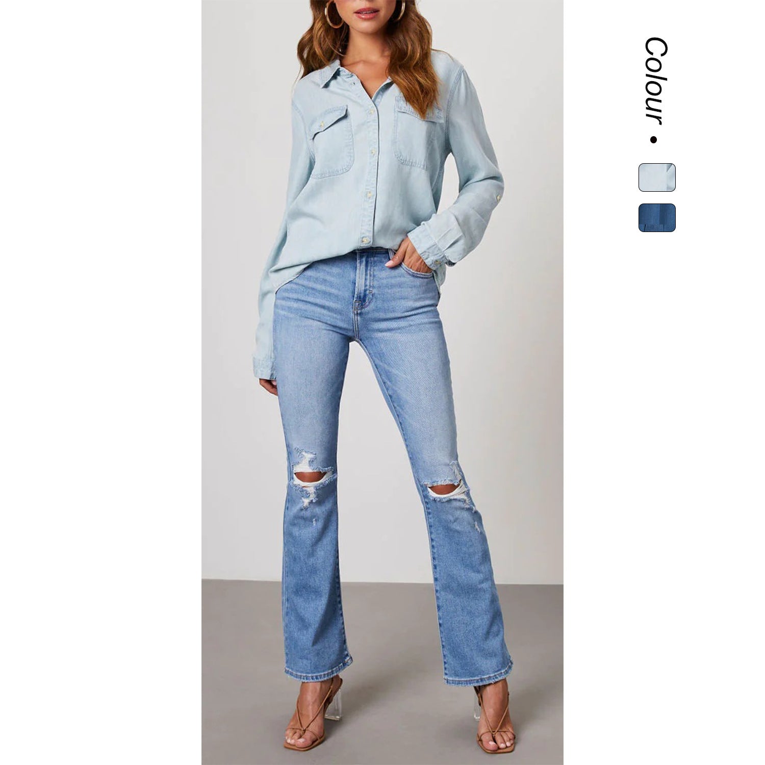 Women's denim shirt with turn-up sleeves and two chest pockets, size S