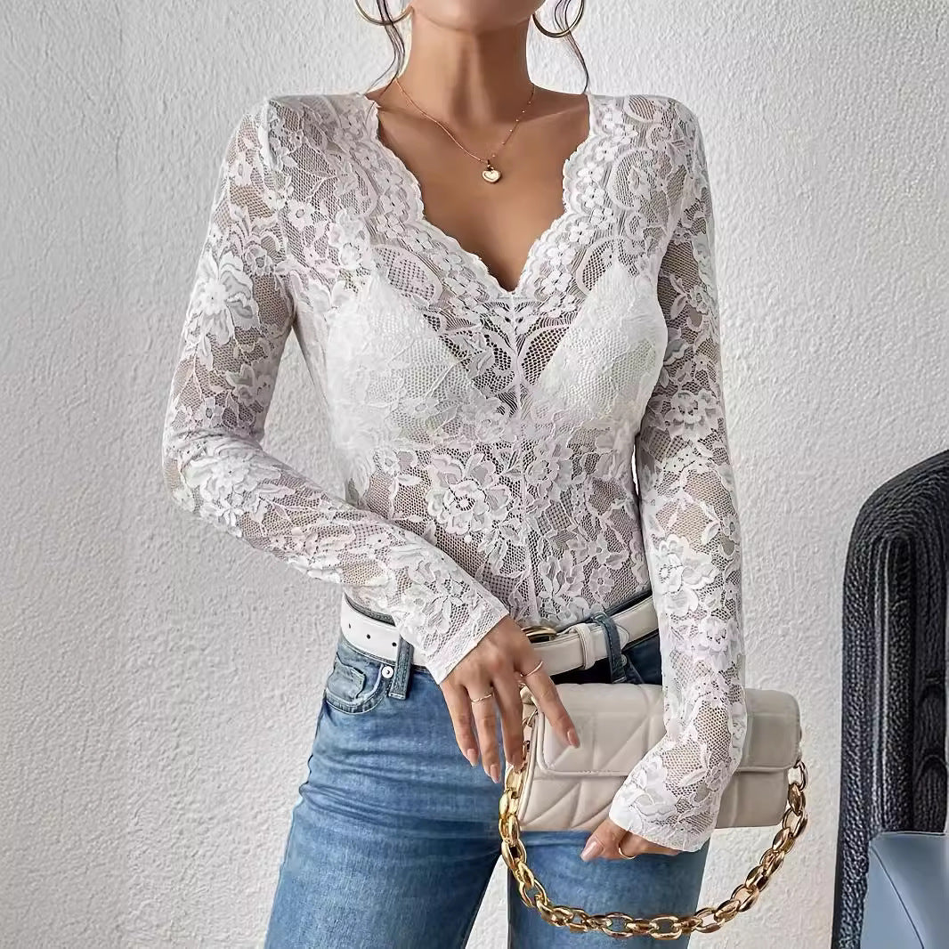 GR | Lace-Fan-Shaped Decorative Base Shirt Top