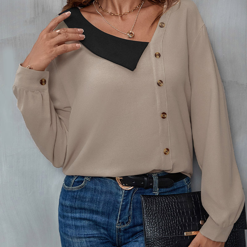 Women's blouse with asymmetrical collar and button details, size