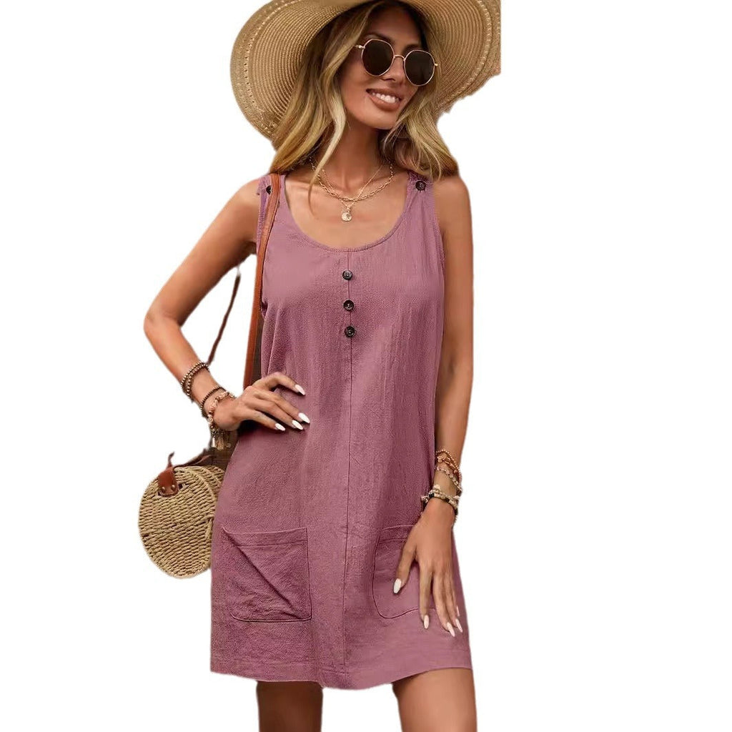 Damen lässiges Sommerkleid mit Knopfdetails und praktischen Taschen GR