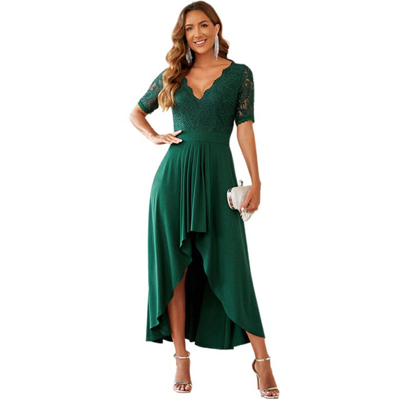 Women's elegant evening dress with deep V-neck and gathered hem, size S