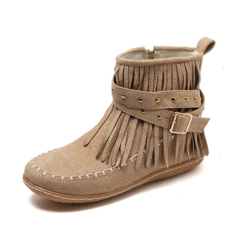 GR | Boho ankle boots with fringes and buckles for women