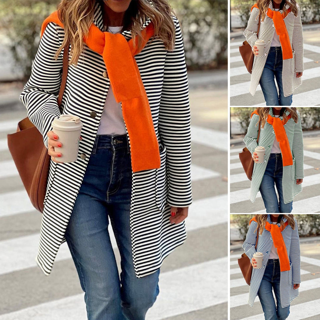 Women's striped trench coat with fashionable scarf and high functionality, size S