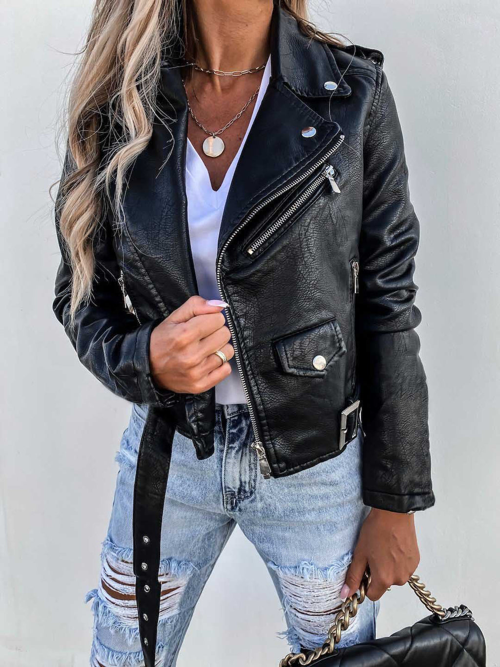 GR-PU leather coat, short zip jacket