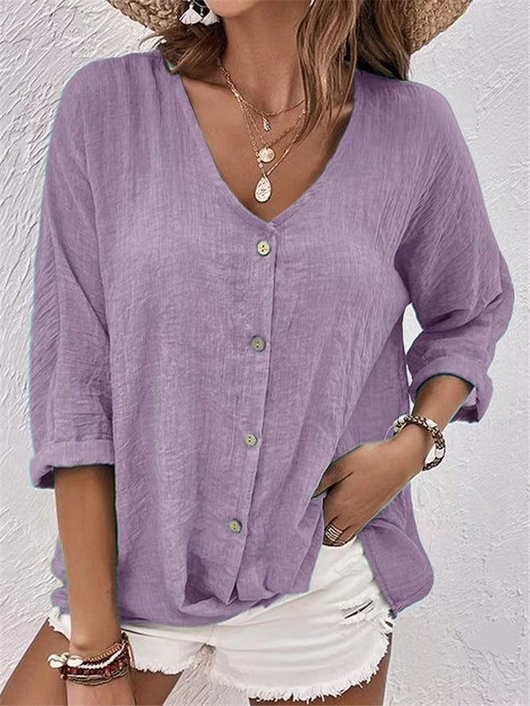 Damen lässige Bluse mit Knopfleiste und V-Ausschnitt GR