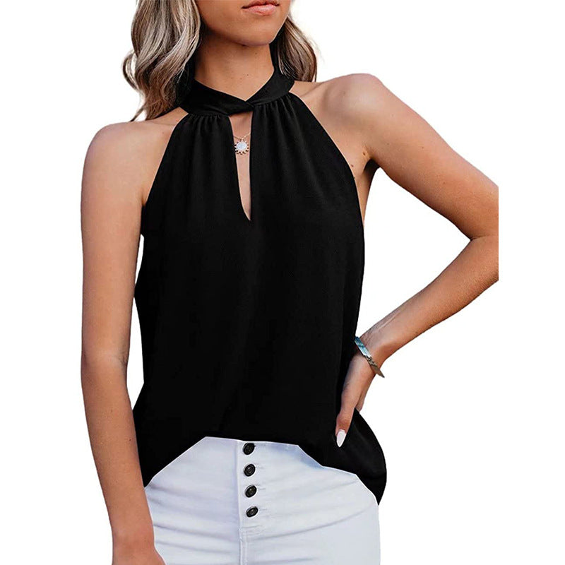 Women's sleeveless top with a chic slit neckline and fine texture, size GR