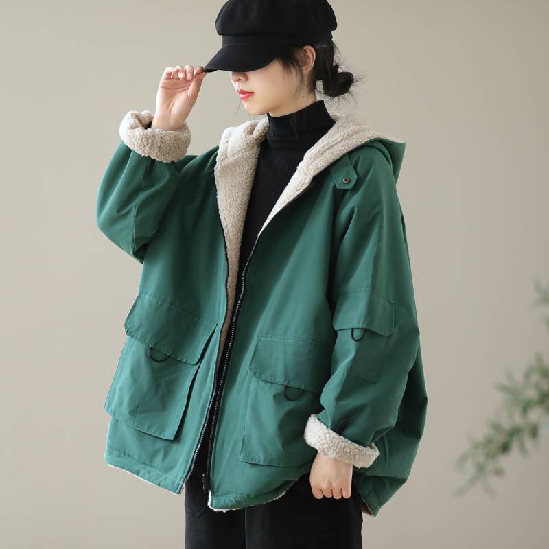 GR | Solid Color Reversible Jacket with Hood and Zipper