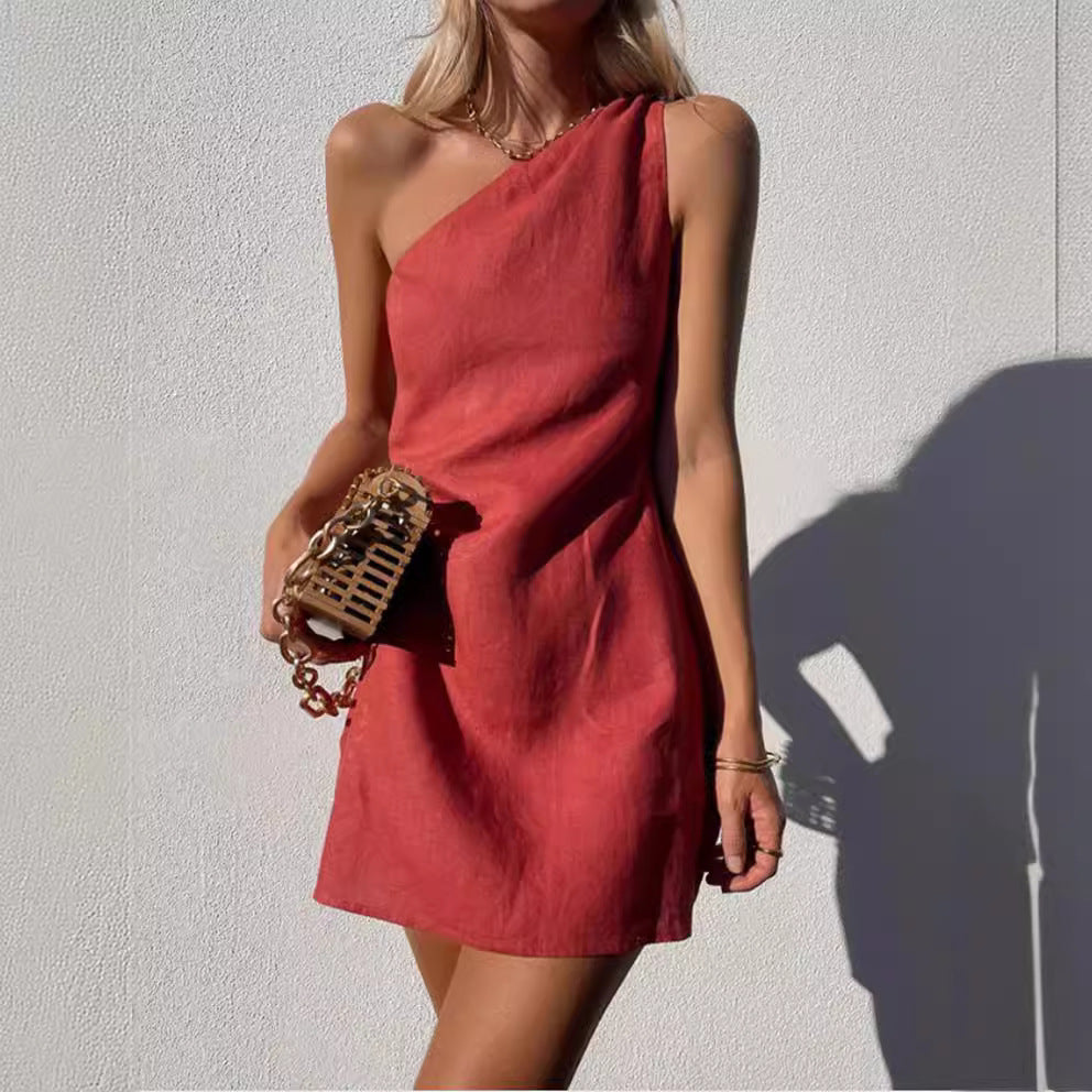 GR | Einfarbiges Slim Fit One-Shoulder Pendelkleid