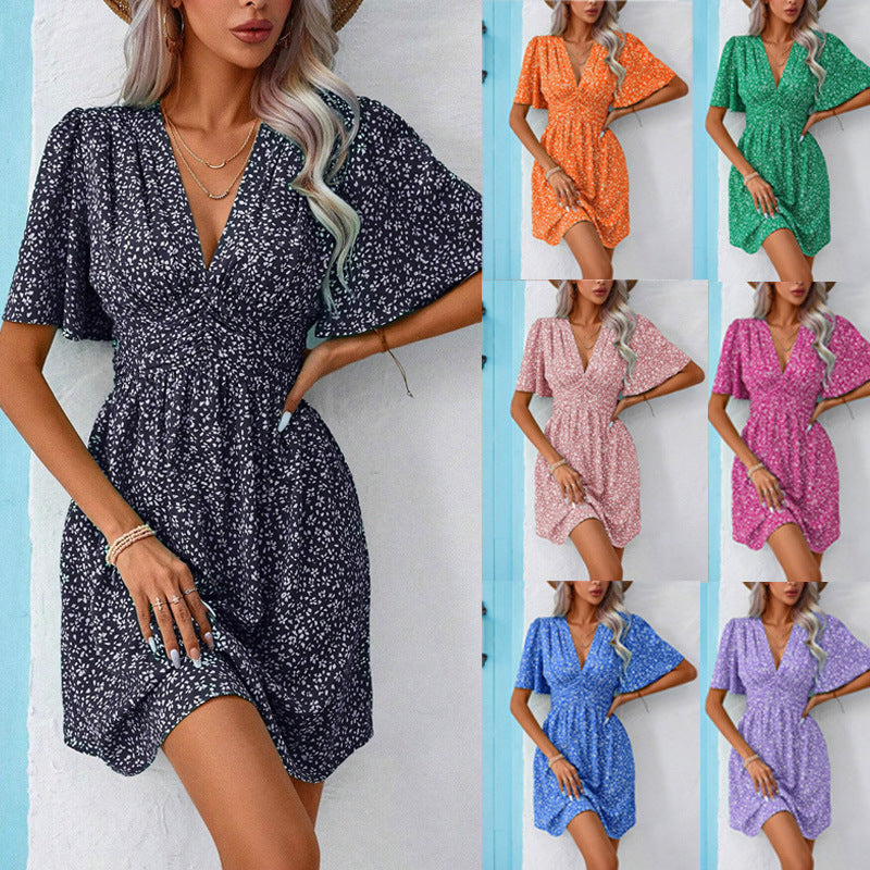 Women's floral pattern dress with V-neck and short sleeves, size