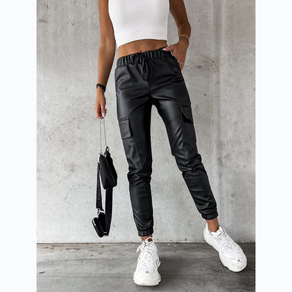 Damen Kunstleder Jogginghose mit praktischen Taschen und elastischem Bund GR