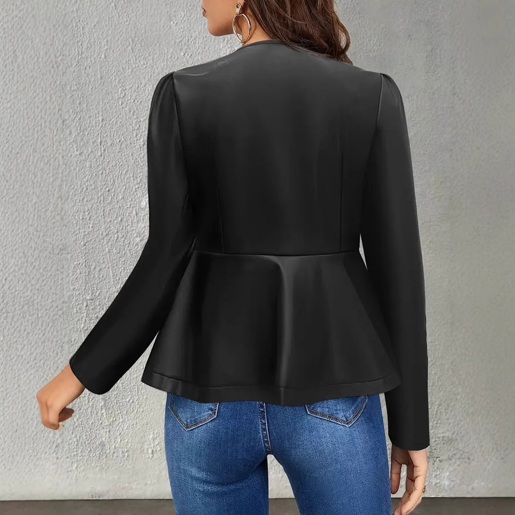 Women's faux leather jacket with an elliptical cut and puff sleeves, size [size missing]