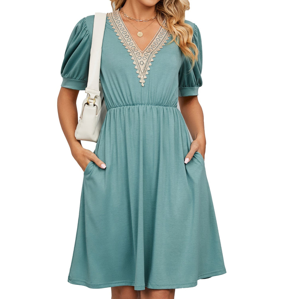 Women's midi dress with elegant V-neck and ruffle details, size