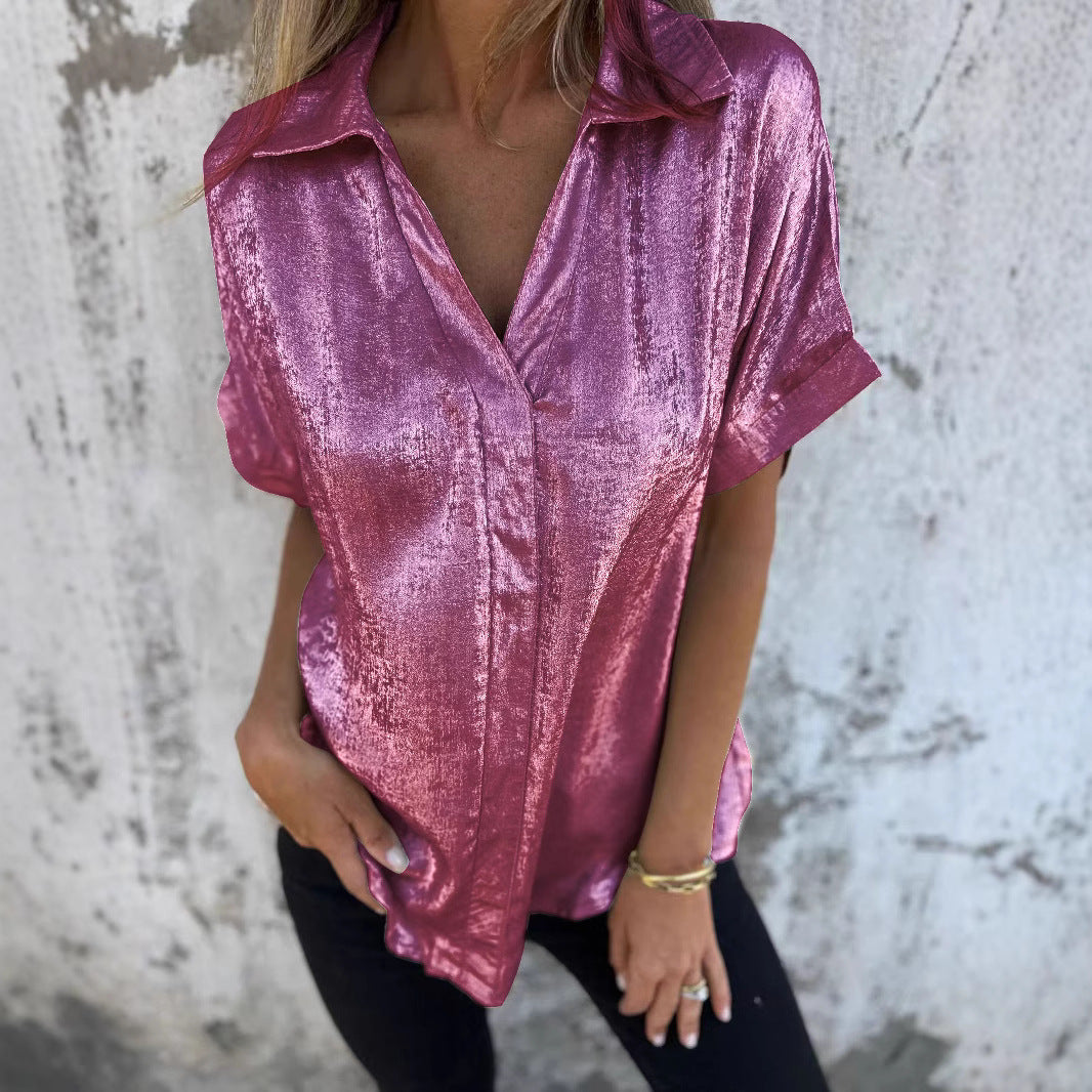 Damen Kurzarm-Seidenbluse mit elegantem Glanz und modischem Revers GR