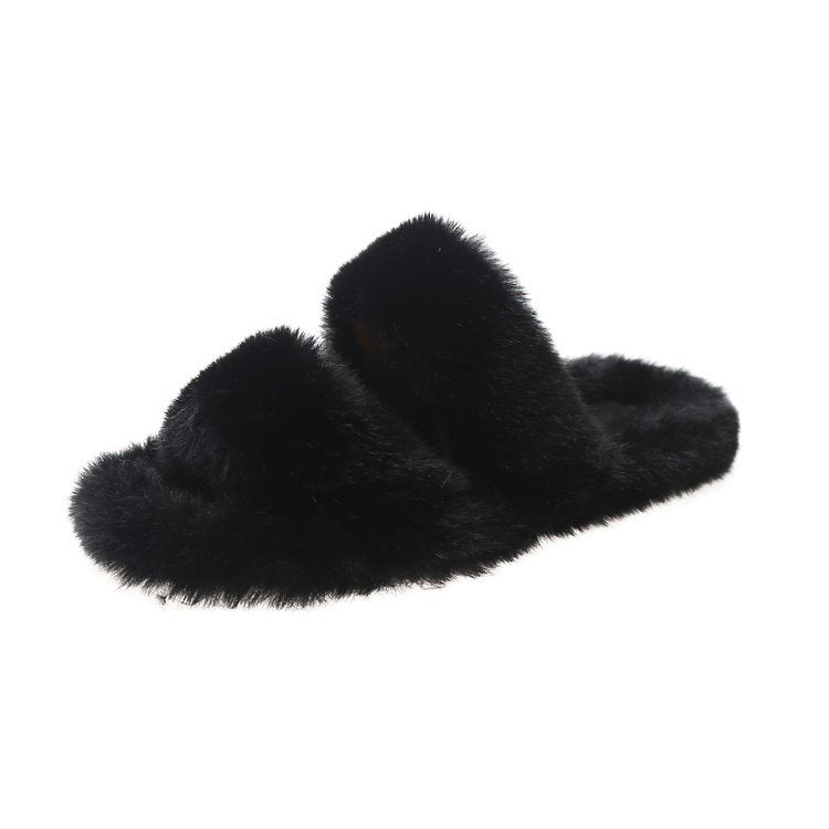 Women's Fluffy Slippers with Double Straps and Soft Lining, Size