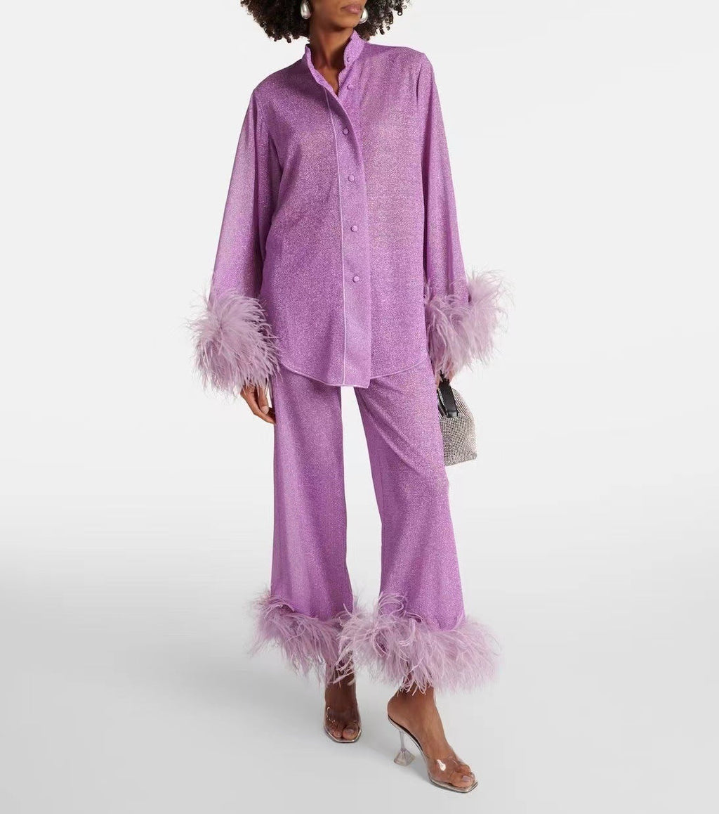 GR | Autumn Winter Feather Stand-up Collar Long Sleeve Top and Trousers Set 