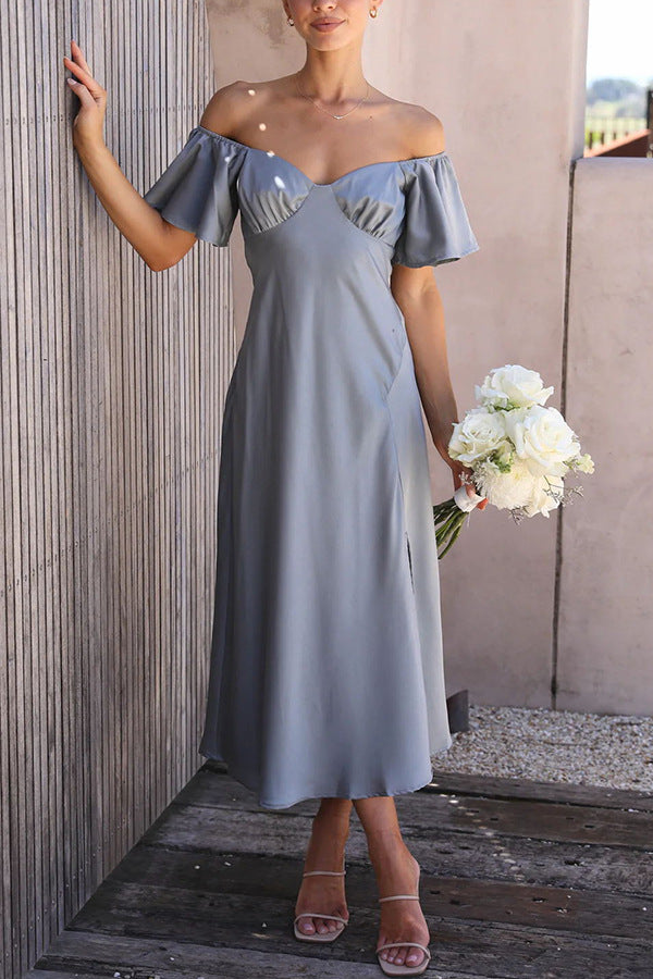 Women's off-the-shoulder midi dress with voluminous sleeves and elegant accents, size GR