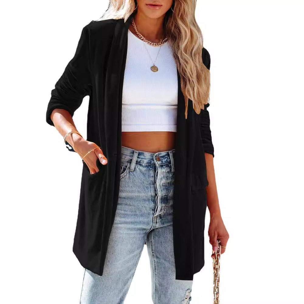 Damen lässiger Longcardigan mit seitlichen Taschen und offenem Schnitt GR