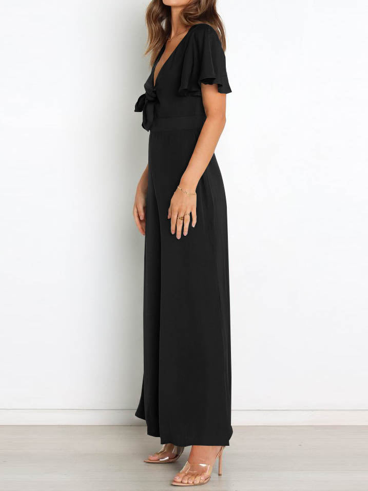 GR | Short-sleeved wide-leg casual V-neck jumpsuit