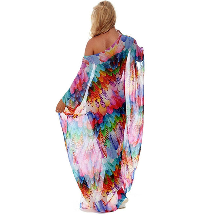 Women's beach kaftan with colorful feather design and airy cut, size S