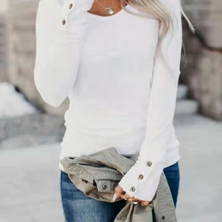 Women's long-sleeved shirt with unique button detail, size