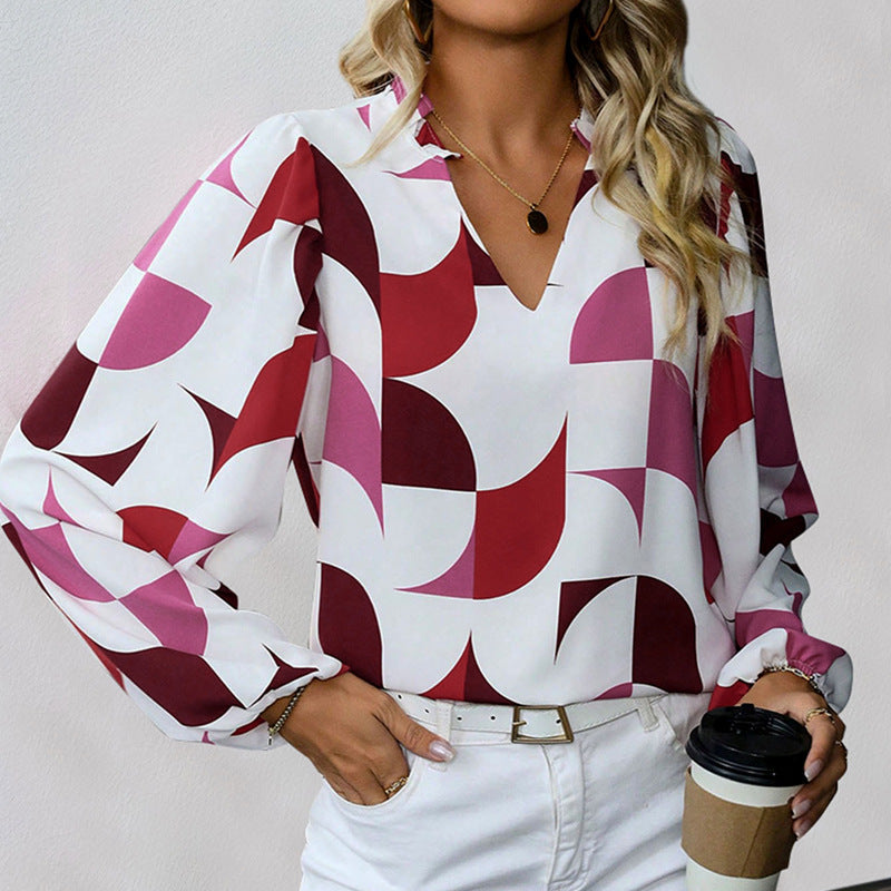 Damen Bluse mit modischem V-Ausschnitt und einzigartigem Muster GR