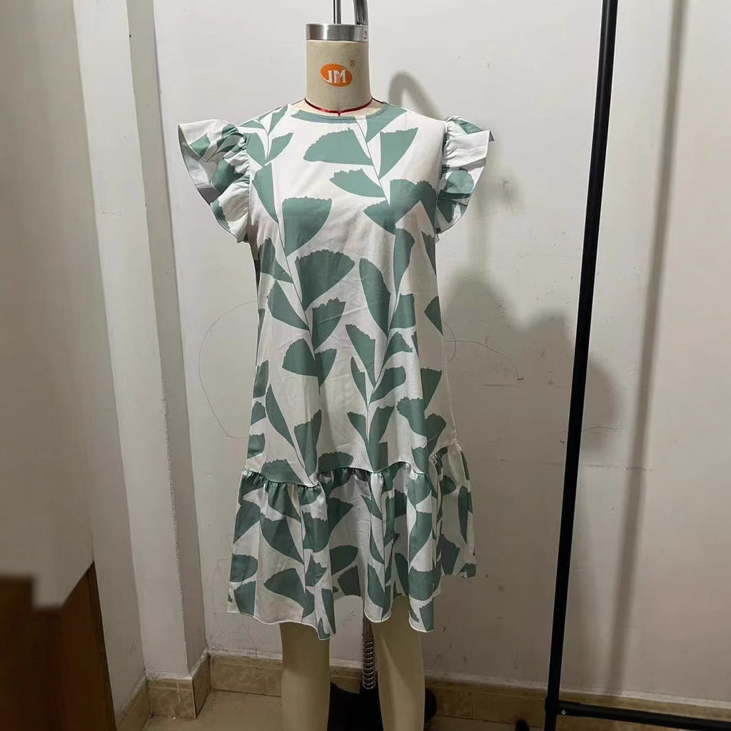 Women's summer dress with ruffle details and floral pattern, size