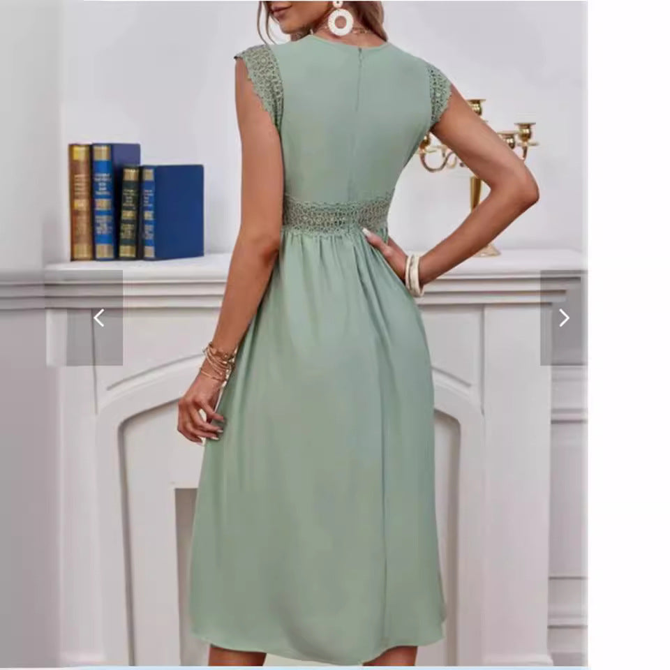 GR | Spitzen-Hollow-Patchwork-V-Ausschnitt-Kleid