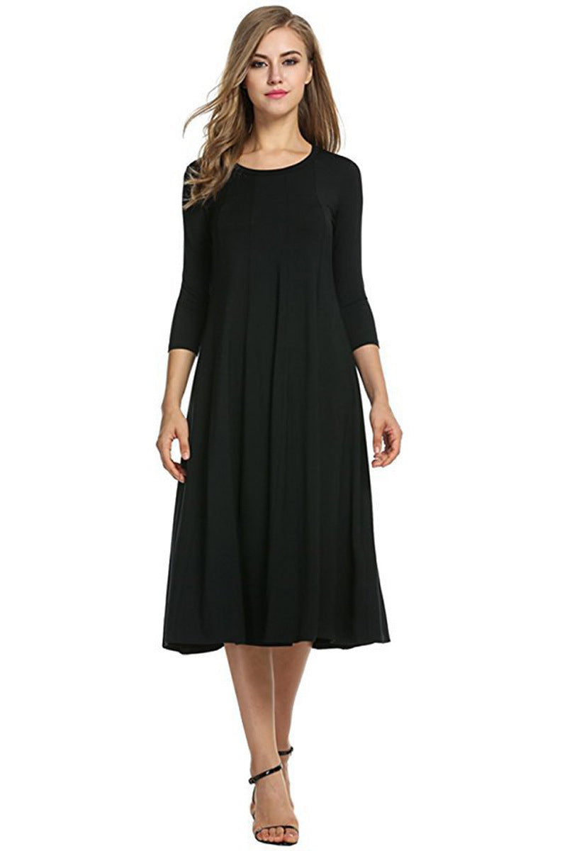 GR | Quadrat-Ausschnitt 3/4-Lange Uni-Farbe Midi-Kleid