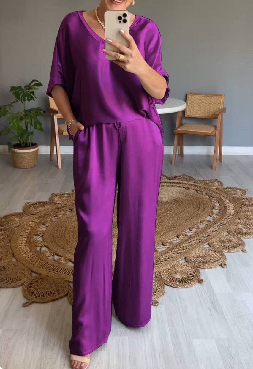 GR | Solid color, silky V-neck casual suit 
