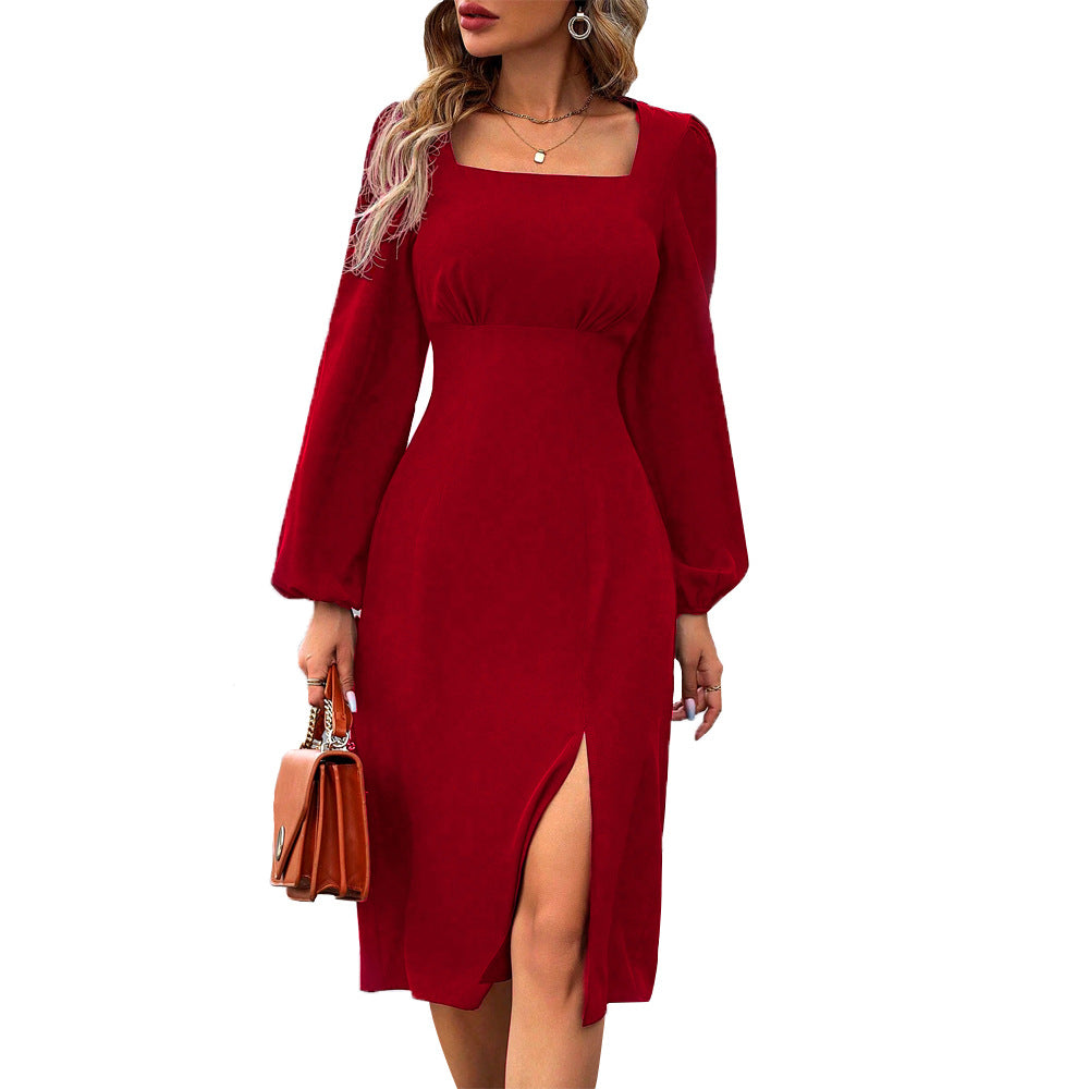 Women's figure-hugging midi dress with a chic square neckline and elegant puff sleeves, size [size missing]