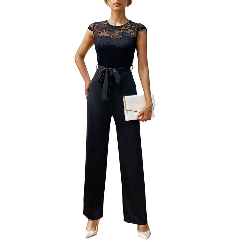 Women's jumpsuit with elegant lace top and adjustable belt, size S