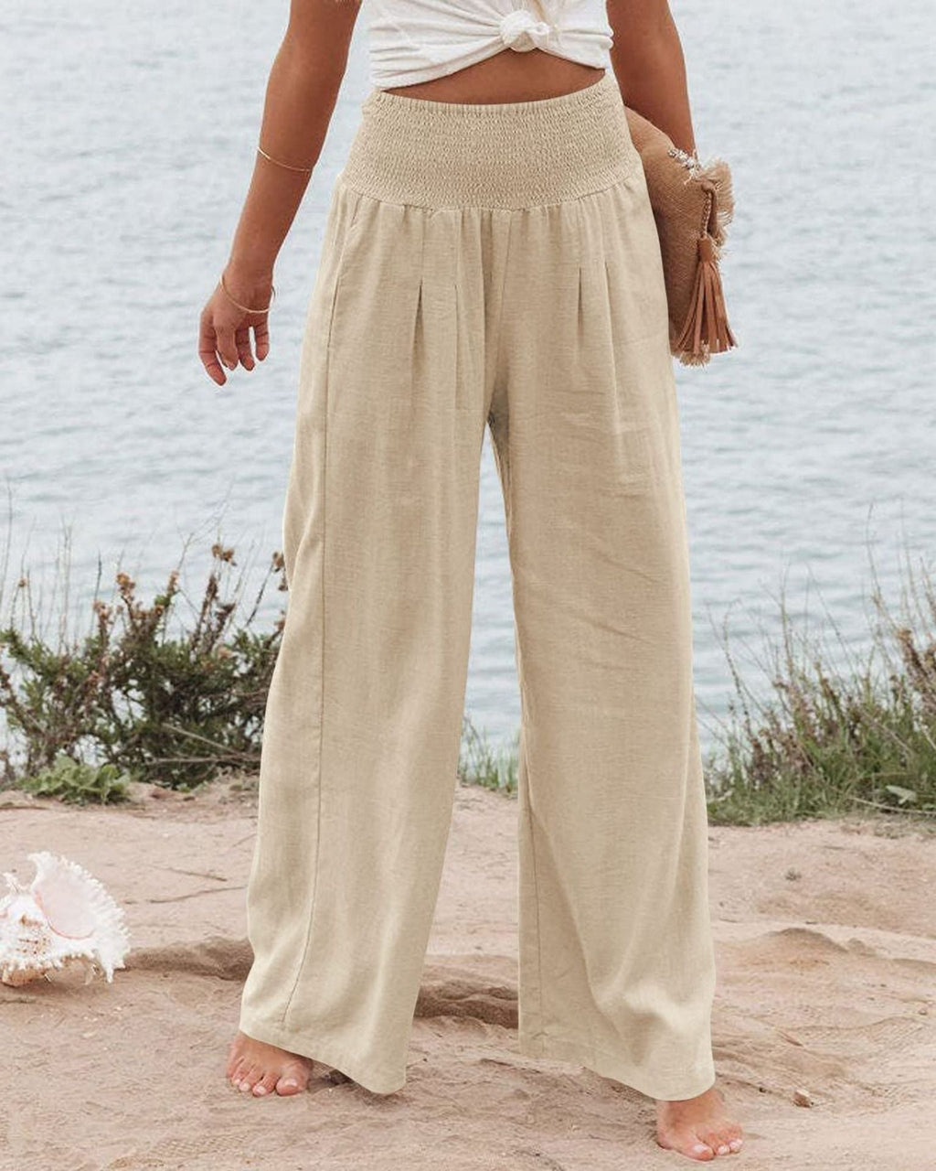 Damen Weite Leinenhose mit elastischem Bund und Falten GR