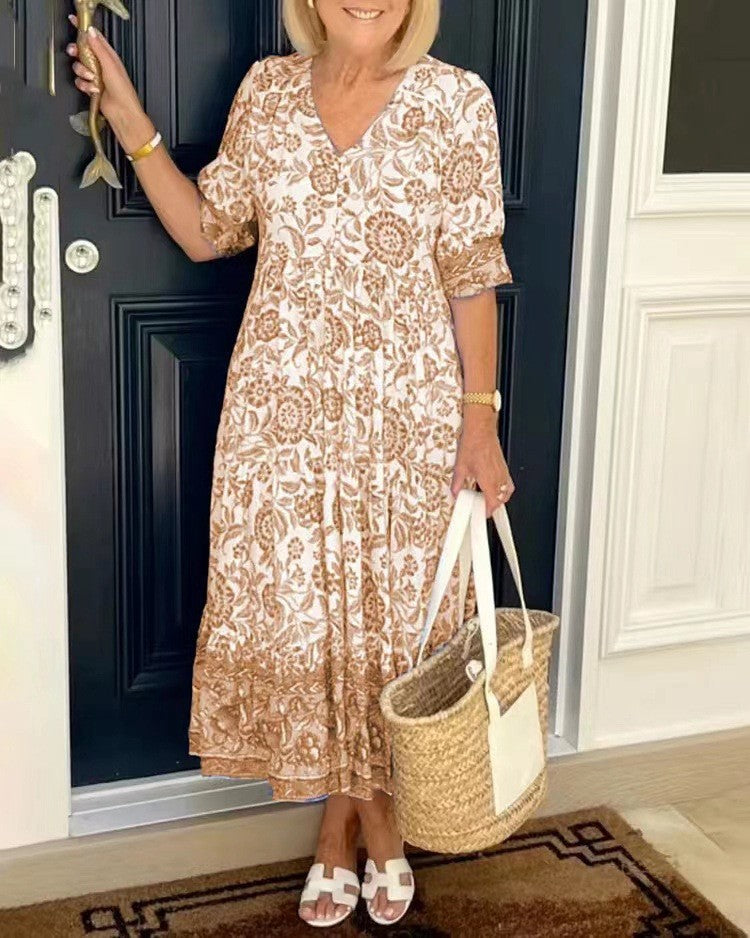 GR | Three-quarter sleeve long floral tie-dye print dress