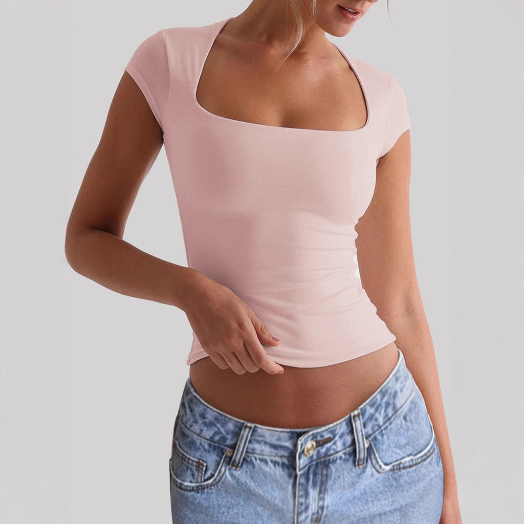 Women's fitted top with deep square neckline, size