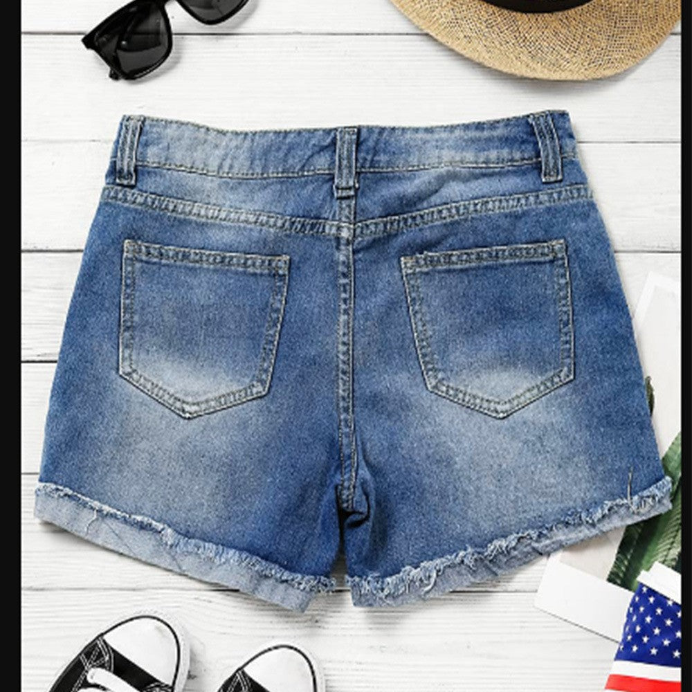 Damen Denim-Shorts mit kreativen Flaggenapplikationen und lässigem Destroyed-Design GR