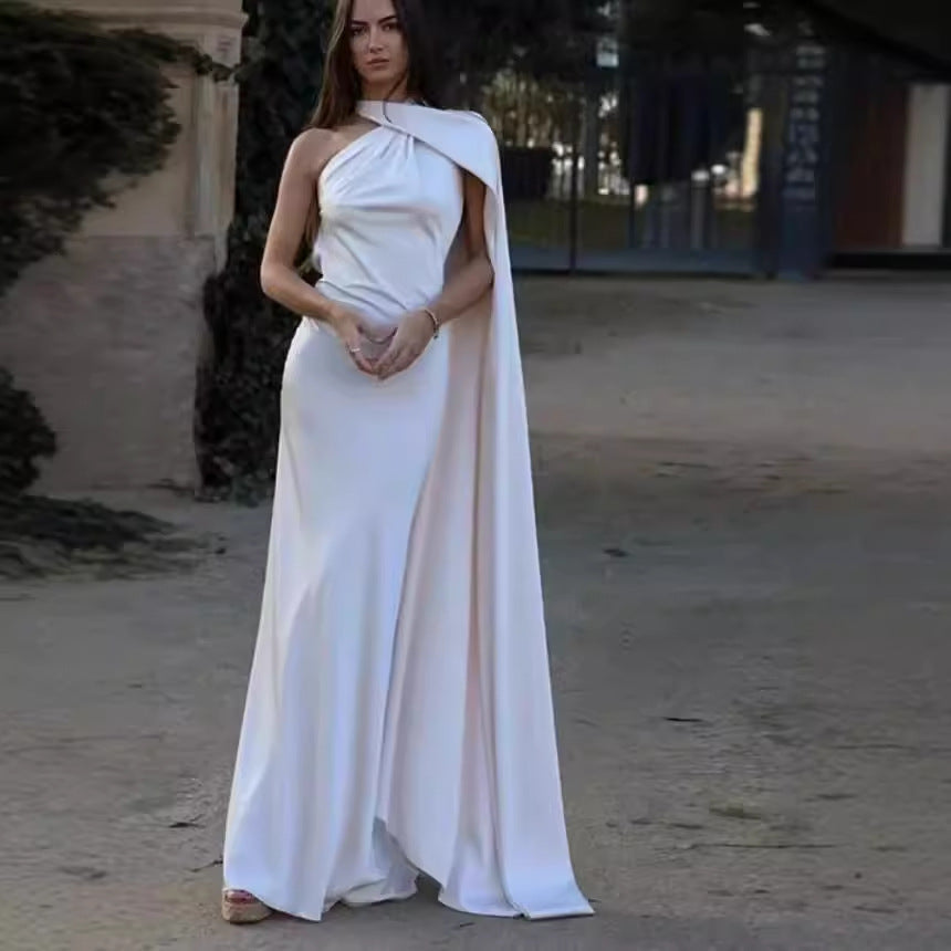Women's elegant evening dress with a one-sided cape and sophisticated draping, size GR