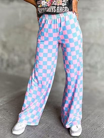 Damen Karierte Palazzo-Hose mit elastischem Bund und praktischen Seitentaschen GR