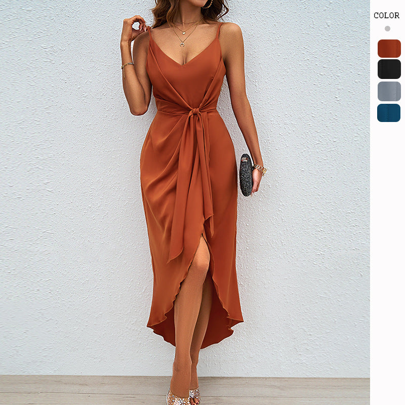 Women's wrap dress with elegant V-neck and playful slit, size
