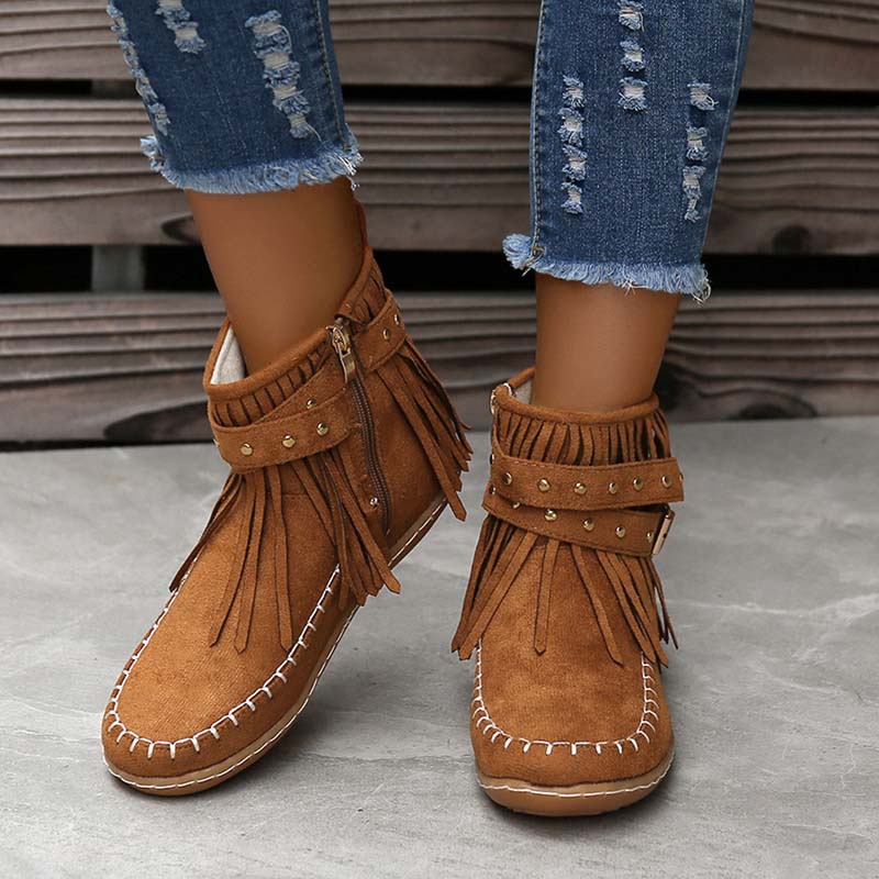 GR | Boho ankle boots with fringes and buckles for women