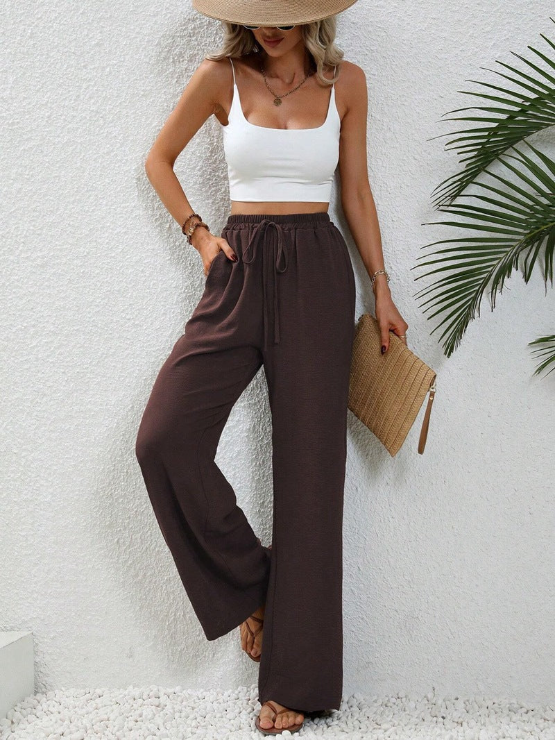 Women's elegant wide-leg trousers made from a lightweight cotton blend with elasticated waistband, size [size missing]