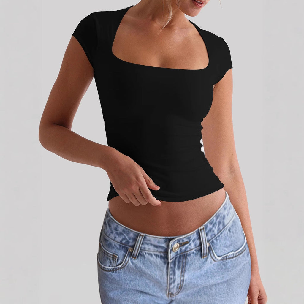 Women's fitted top with deep square neckline, size